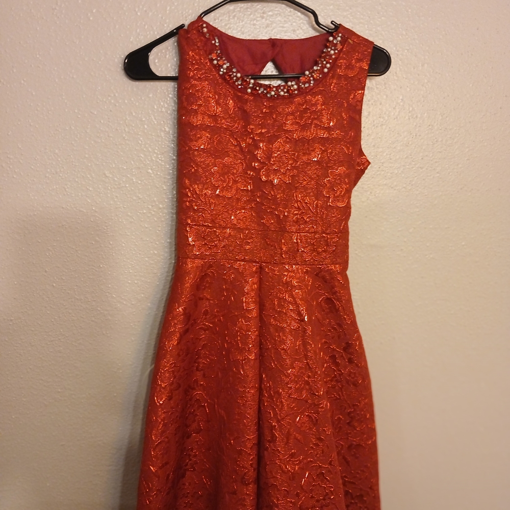 Charming Orange Kids Dress with Pearl Neckline